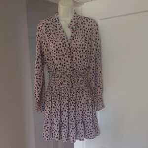 Long Sleeve Polka Dot Elastic Waist Short Dress - SMALL